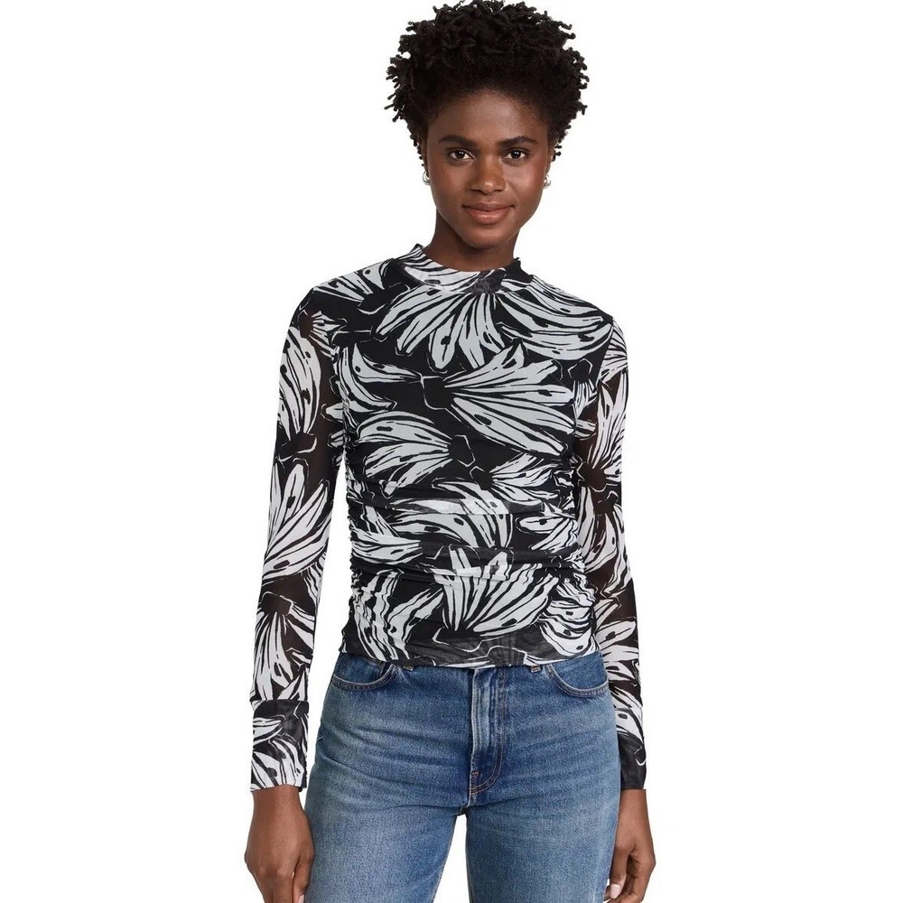 Farm Rio Black Banana Bossa Print Mesh Ruched Mock Neck Long Sleeve Top XS NWT